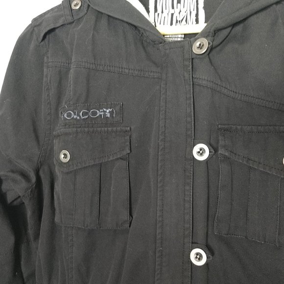 Volcom Juniors Large Black Zip Button Down Utility Jacket VTG Military Hoodie - Picture 3 of 8